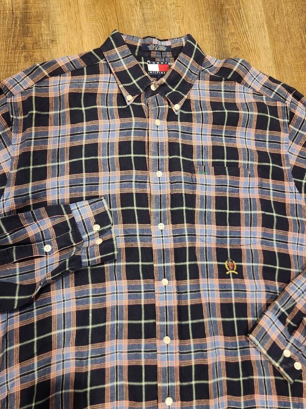 Tommy Hilfiger 100% Linen Plaid Multicolor Men's Large Button up Embroidered